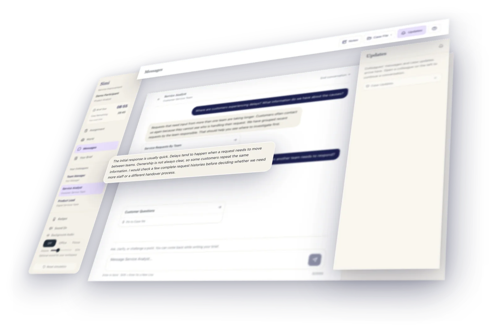 Simi workspace with a conversation with an AI colleague brought into focus