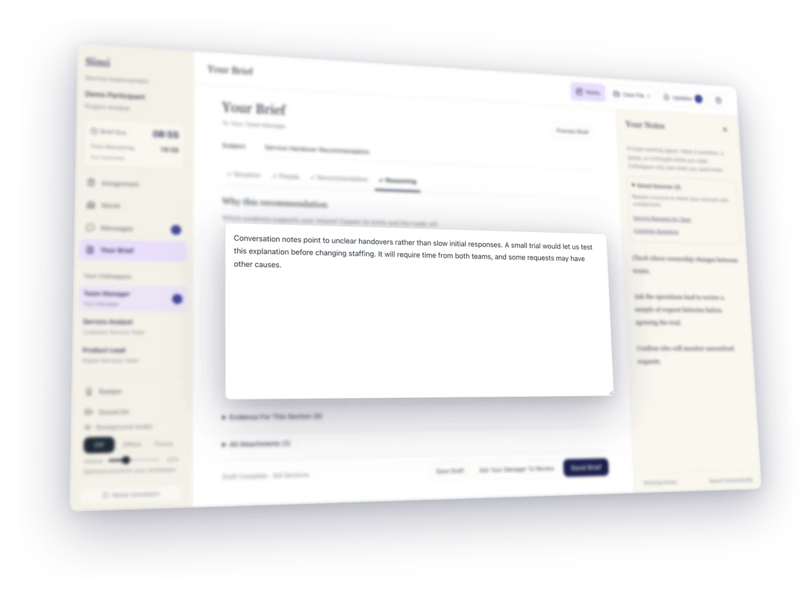Simi workspace with a participant’s written recommendation brought into focus