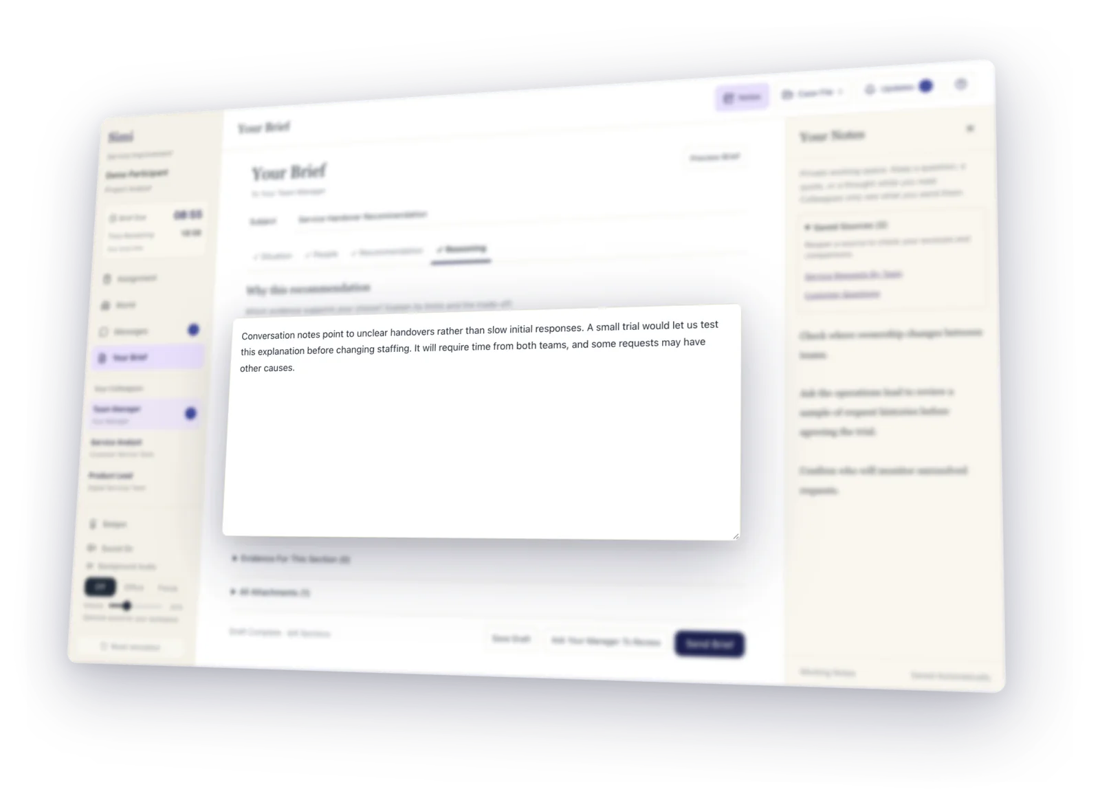 Simi briefing workspace with a participant’s recommendation and working notes